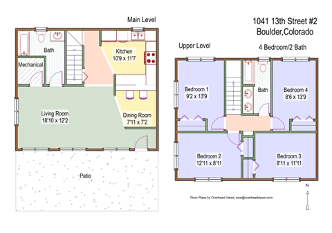 Floor plan for 4 beds, 2 baths, 1336 sqft